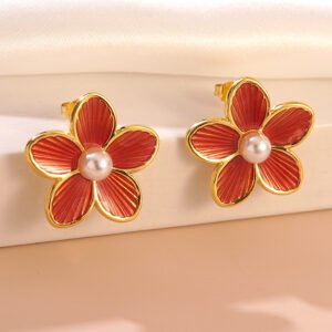 pendientes de acero inoxidable 304 con diseño de flores esmaltadas y imitación de oro. rojo