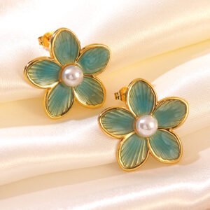 pendientes de acero inoxidable 304 con diseño de flores esmaltadas y imitación de oro. verde