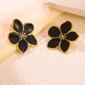 pendientes de acero inoxidable 304 con diseño de flores esmaltadas y imitación de oro. negro