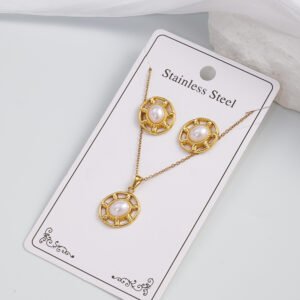 elegante conjunto de 2 collar y pendientes con diseño de espiral ovalado de imitación de perla, accesorios de joyería de moda de acero inoxidable 304 para mujer