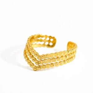 elegante anillo abierto geométrico de 3 lineas en acero inoxidable chapado en oro de 18 quilates, de lujo, informal, de moda, color dorado, para primavera, otoño e invierno.