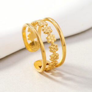 anillo de acero inoxidable y titanio de moda con diseño geométrico de flor con pétalos, anillo abierto 3d prensado con aceite, joyería unisex con estilo.