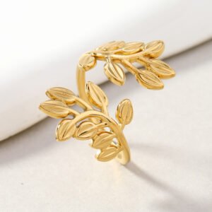 anillo de acero inoxidable, anillo abierto 3d prensado con aceite, joyería unisex con estilo ramas con varias hojas