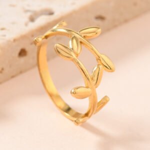 anillo de acero inoxidable, anillo abierto 3d prensado con aceite, joyería unisex con estilo ramas con 2 hoajs