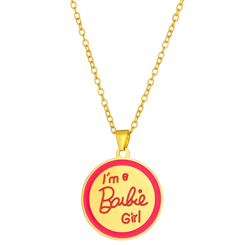 Collar con colgante Barbie Girl de acero inoxidable de lujo collar con colgante de gota de aceite y letra, regalo para amiga, de acero inoxidable de lujo, estilo europeo, accesorios de joyería para mujer.