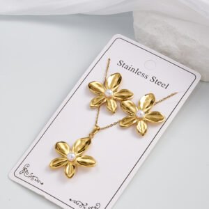 conjunto de 2 collar y pendientes de acero inoxidable 304 con diseño floral de perlas de imitación para mujer, accesorios de joyería de estilo moderno e informal para vacaciones.